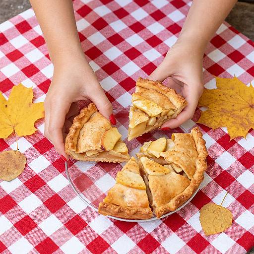 Photograph of hands slicing apple pie on a red-and-white checkered tablecloth with scattered autumn leaves, showcasing golden-brown pie crust.