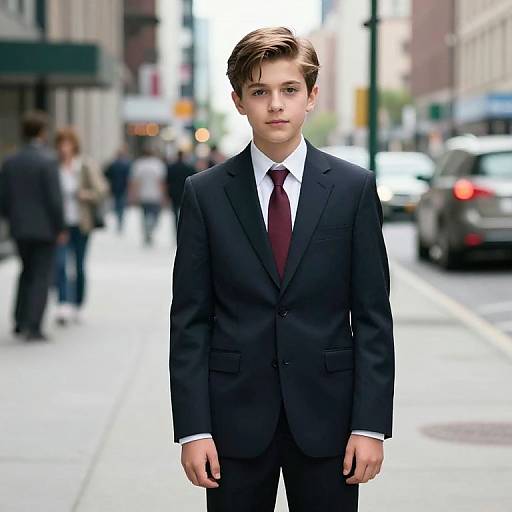 Photorealistic CGI of a young boy with fair skin, brown hair, wearing a black suit, white shirt, and maroon tie, standing on