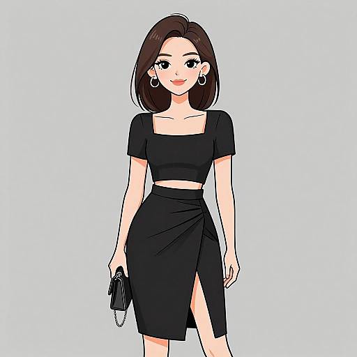 Digital anime-style drawing of a smiling woman with straight brown hair, wearing a black crop top and high-waisted skirt with a side slit, holding