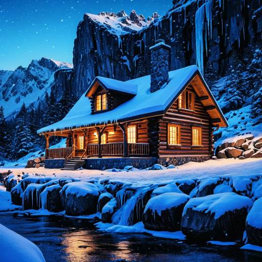 Cozy Snow-Covered Log Cabin at Blue Hour