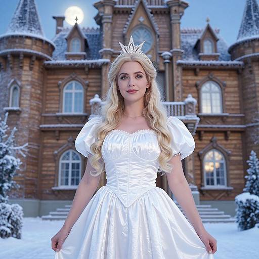 Blonde princess in white ball gown and silver tiara stands in front of a snow-covered, medieval castle at night. Photorealistic digital art.