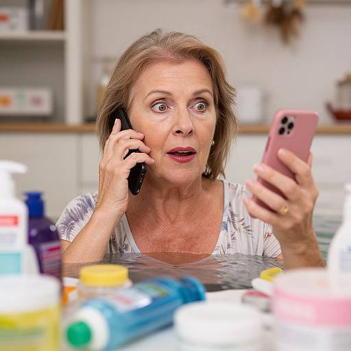Middle-aged woman with short brown hair, wide-eyed, holding phone to ear and pink smartphone, surrounded by bathroom toiletries. Photographic image.