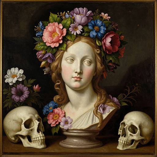 Digital painting of a serene, fair-skinned woman with wavy brown hair, adorned with a colorful flower crown, flanked by two skulls. Dark