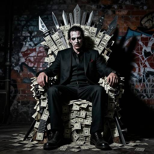 Photograph of a dark-haired man in a black suit sitting on a money-covered throne, set against a graffiti-covered brick wall. Dramatic lighting highlights