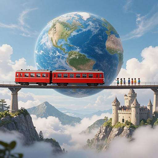Digital illustration: Red train on a suspension bridge, with Earth in the sky, medieval castle below, and small figures standing.