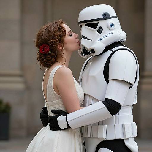 Photograph of a woman in a white wedding dress kissing a Stormtrooper in full armor, with red rose in her hair.