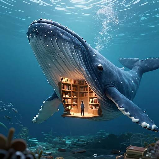 Digital artwork of a giant blue whale with a library inside its mouth, lit warmly, with a small person standing inside. Underwater scene with bubbles and