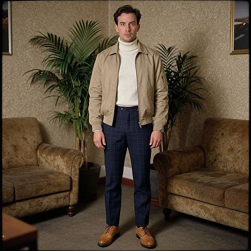 Photograph of a fair-skinned man with short brown hair, wearing a beige jacket, white turtleneck, plaid pants, and brown shoes