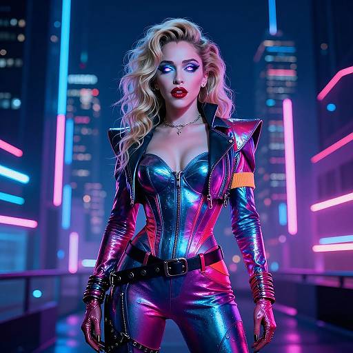 Glamorous blonde woman in a shiny, neon-colored latex jumpsuit stands confidently in a futuristic cityscape with vibrant neon lights. Digital art.