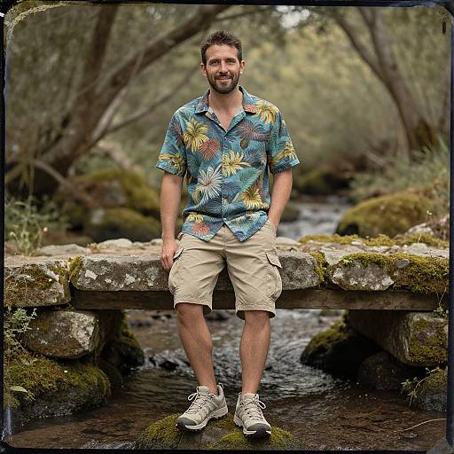 Photograph of a bearded man with short brown hair, wearing a tropical shirt, beige shorts, and white sneakers, sitting on a moss-covered stone