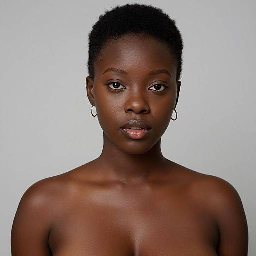 Photograph of a topless African woman with dark skin, short natural hair, small hoop earrings, and glossy lips, against a plain white background.