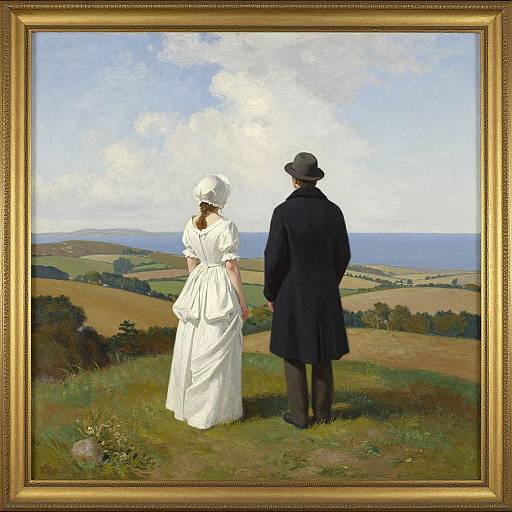 Painting of a couple in 19th-century attire, standing on a grassy hill overlooking a vast, rolling countryside; framed in ornate gold