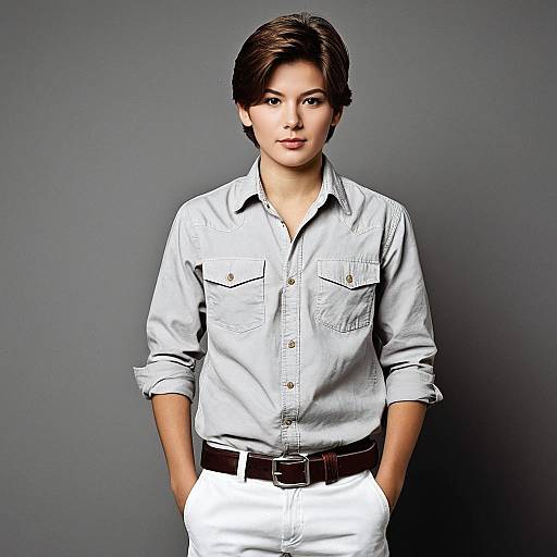 Young Man in White Chinos and Grey Shirt