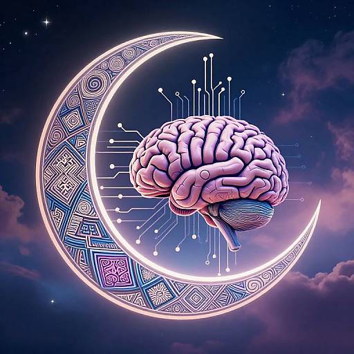 Digital art: A glowing, detailed human brain with neon lines floats above a vibrant, patterned crescent moon against a starry, purple cosmic sky