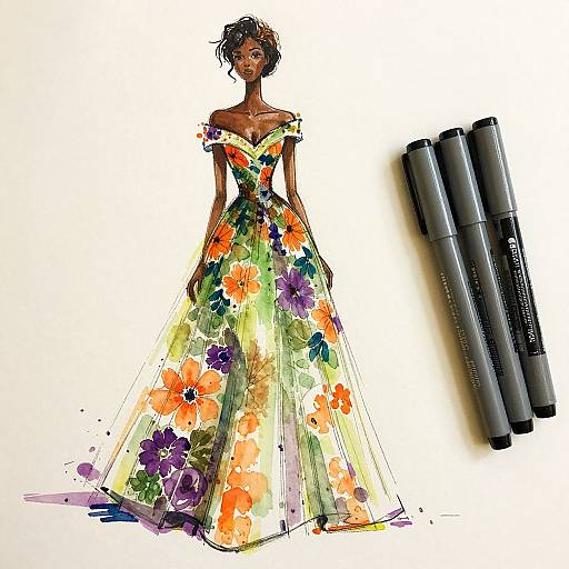 Digital sketch of a dark-skinned woman in an off-shoulder floral gown, surrounded by three black markers, showcasing vibrant colors and dynamic brushst