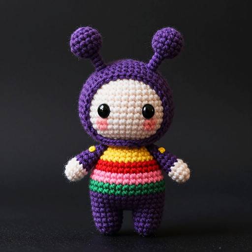 Photograph of a crocheted amigurumi toy with purple head, white face, black eyes, red and yellow striped torso, green and