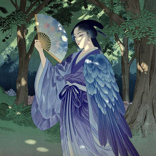 Digital illustration of a serene Japanese woman with blue feathered kimono, holding a fan, in a moonlit forest, surrounded by glowing lights.
