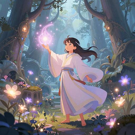 Anime-style illustration of a young woman with long black hair, wearing a white kimono, casting a glowing magic spell in a mystical forest, surrounded by