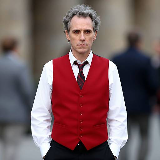 Photograph of middle-aged man with gray hair, wearing a red vest over a white shirt and black tie, standing outdoors, blurred background, serious expression