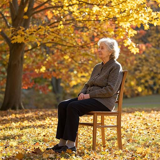 Elderly woman with white hair, grey blazer, black pants, and black shoes, sitting on wooden chair in autumn forest, surrounded by golden