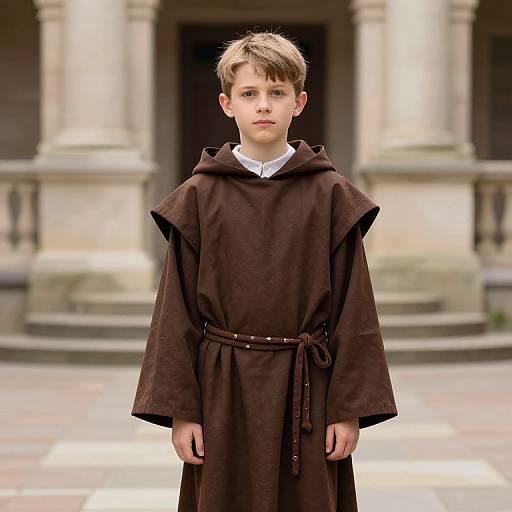 Photograph of a young boy with light brown hair, wearing a brown monk-like robe, standing in front of a stone building with columns.
