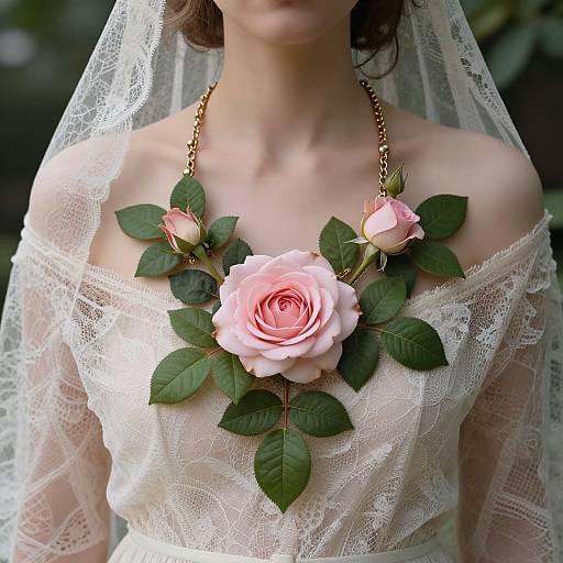 Photograph of a bride in a white lace dress with an off-shoulder neckline, adorned with a pink rose necklace and green leaves, wearing a