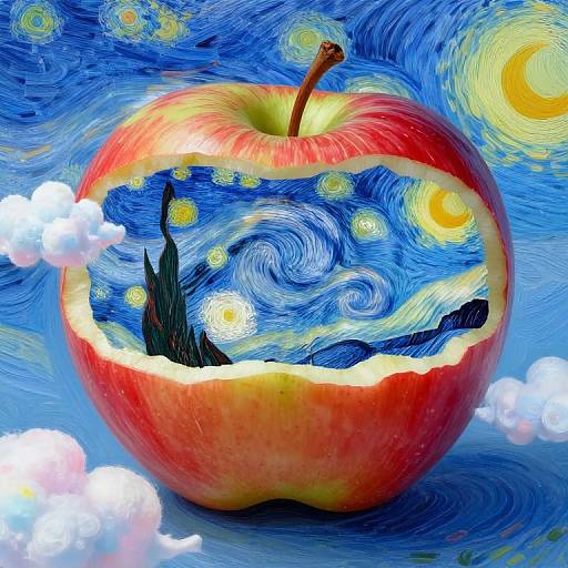 Digital art: Red apple with bite removed, revealing swirling blue sky with stars, sun, and black silhouette in Van Gogh style.