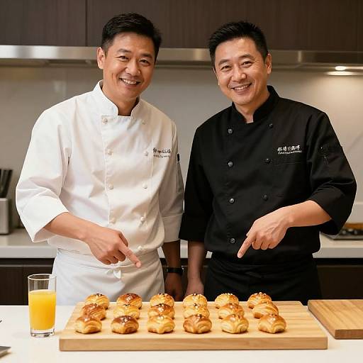 Photograph of two smiling Asian male chefs in a modern kitchen, one in white, one in black, standing beside a wooden board with freshly baked cro