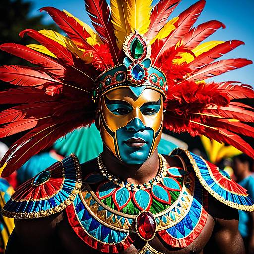 Male Carnival Dancer in Vibrant Feathered Costume