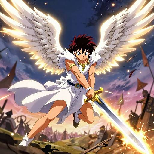 Anime-style drawing of a fierce young warrior with glowing white wings, wielding a radiant sword, mid-jump against a twilight battlefield.