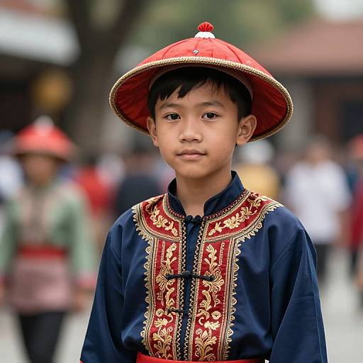 Photograph of a young Asian boy wearing a red, gold-embroidered, navy blue traditional outfit and red hat, standing outdoors with blurred background