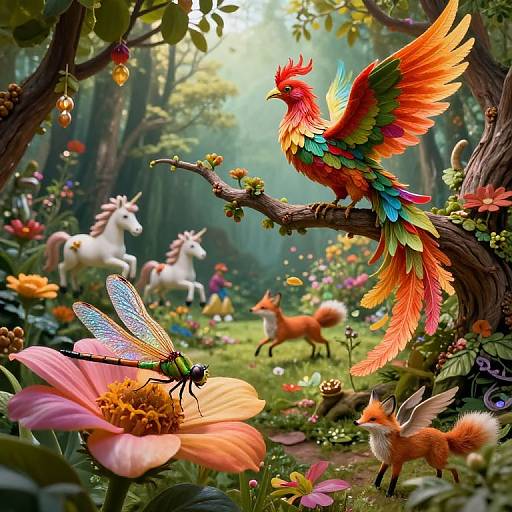Vibrant digital painting: colorful bird with rainbow feathers perches on branch, near pink flower with dragonfly, surrounded by whimsical forest with unic