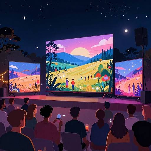 Nighttime outdoor movie screening: colorful, vibrant landscape projections on large screens, silhouetted audience seated, holding drinks, starry sky overhead.