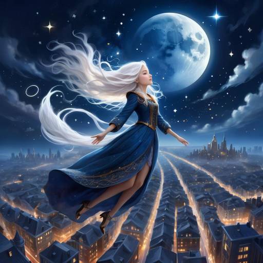 Fantasy Woman Floating Over City at Night