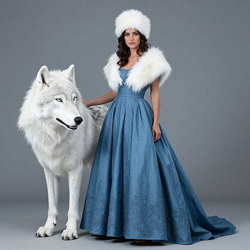 Photograph of a woman in a blue, fur-trimmed dress and hat, standing beside a large white wolf, against a gray background.