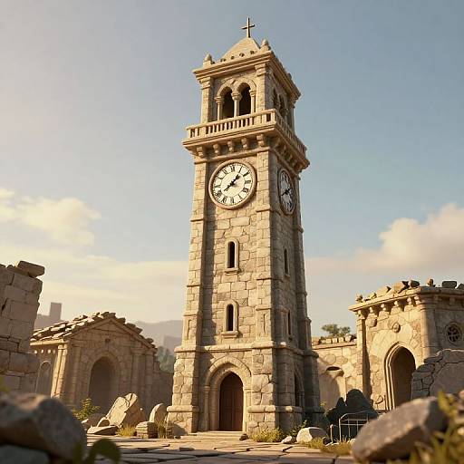 Photograph of a tall, stone clock tower with a white clock face, arched entrances, and a cross on top, set against a clear blue