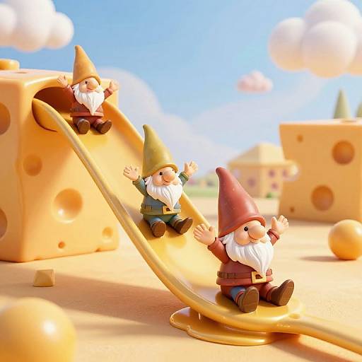 CGI image: Two cartoon gnomes with orange and red hats slide down a cheese slide in a vibrant, sunny cheese-themed landscape.