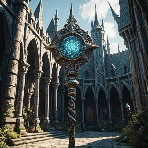 Intricate Magical Staff in Gothic Courtyard