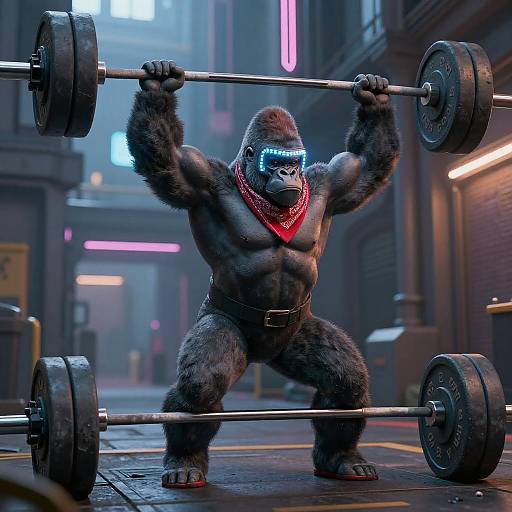 Powerful Gorilla Deadlifting in Neon Alley