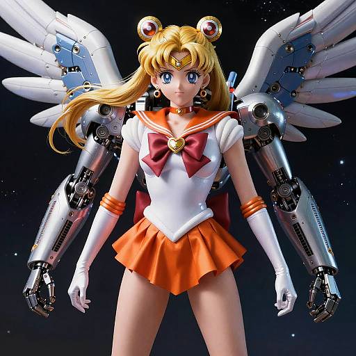 Digital artwork of a cybernetic Sailor Moon with white wings, blonde hair, blue eyes, red bow, orange skirt, white gloves, and mechanical