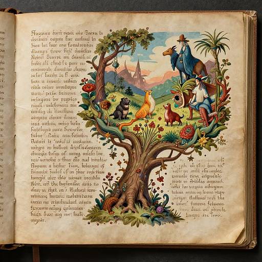 Ancient Manuscript Expanding into Mythical Scenes