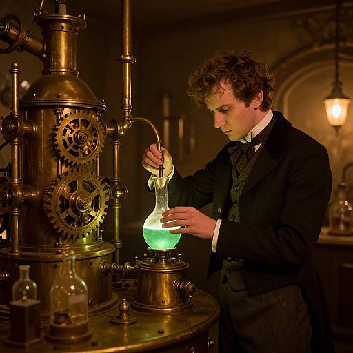 Victorian-era man in black suit and bow tie holds glowing green glass flask over brass steam engine in dimly lit laboratory.