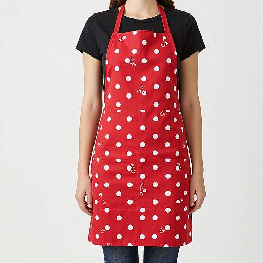 Photograph of a woman wearing a red polka dot apron over a black shirt, standing against a white background.