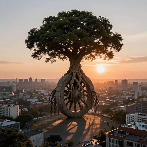 Digital artwork of a giant tree with a wheel-like base, towering over a cityscape at sunset, casting long shadows.