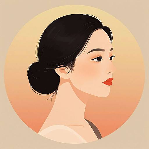 Digital illustration of a fair-skinned woman with black hair in a bun, red lipstick, and subtle makeup, set against a warm orange circular background.