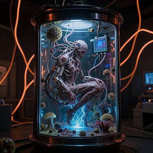 Digital artwork of a cybernetic, skeletal woman with exposed wires, encased in a glowing, futuristic tank with mushrooms and electronic devices.