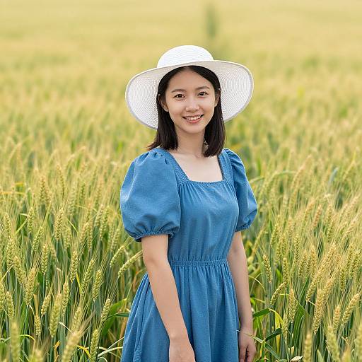 Photograph of a smiling Asian woman with shoulder-length black hair, wearing a white sunhat and blue puffed-sleeve dress, standing in a
