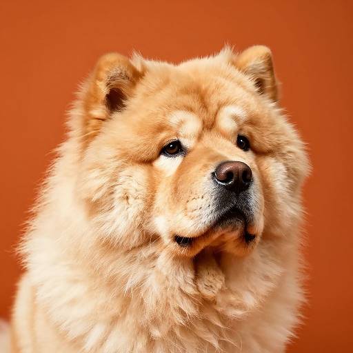 Close-up photograph of a fluffy, tan Chow Chow with expressive dark eyes, black nose, and warm orange background, highlighting its thick fur and calm expression