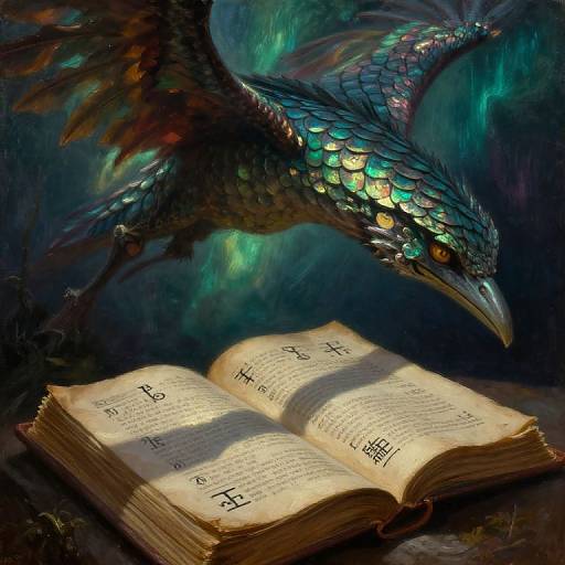 Digital painting of a shimmering, iridescent dragon with glowing scales hovering over an open ancient book with glowing runes.