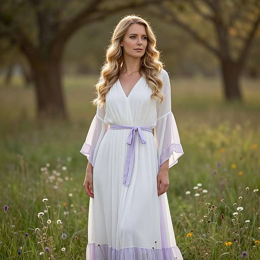 Woman in White and Lavender Dress in Meadow